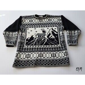 Vtg 90s SML Sport Nordic Stag Mountain Black and White Crewneck Knit Sweater - L